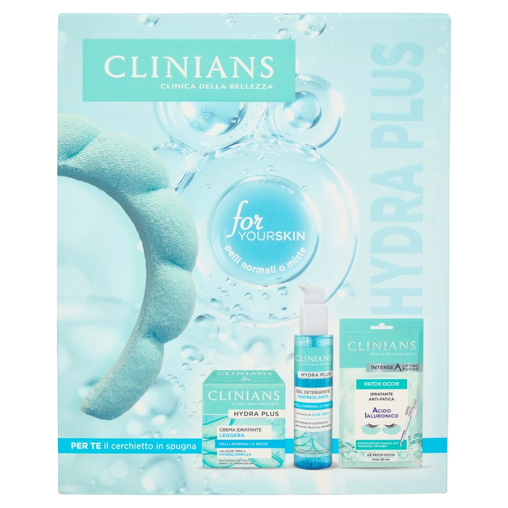 Clinians Hydra Plus Crema Idratante Leggera 50 mL + Gel Detergente Rinfrescante 150 mL + Patch Occhi